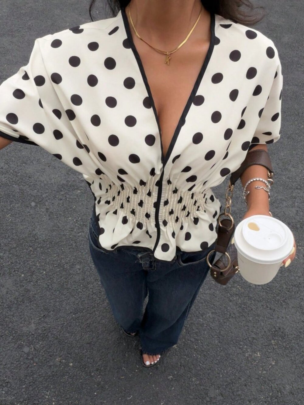 Apricot Casual Women's Elegant French Polka Dot Peplum V-Neck Short Sleeve Top - Picture 4 of 9